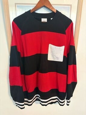 Burberry Men’s Cotton Red & Black Stripe Crewneck Sweater with White Pocket